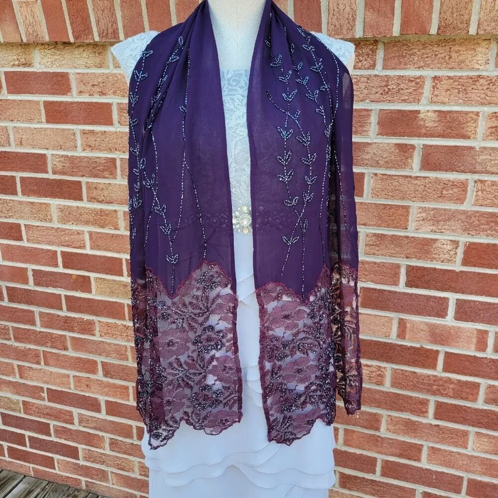 Chico's Wrap Scarf Elegant Beading and Lace Purple and Black